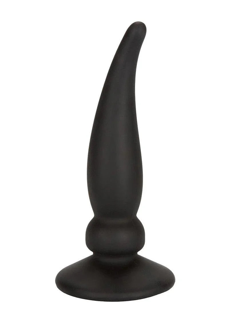 Black silicone tapered anal probe with flared base on white background