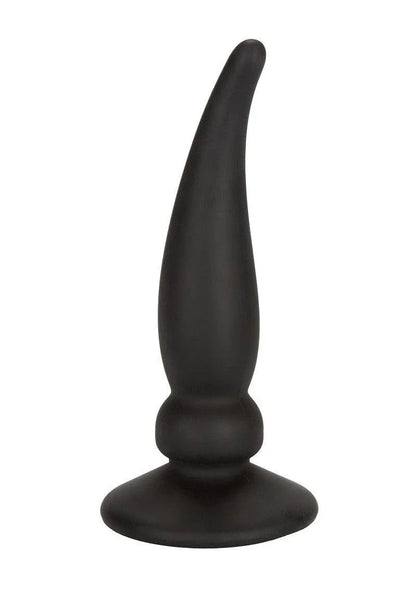 Black silicone tapered anal probe with flared base on white background