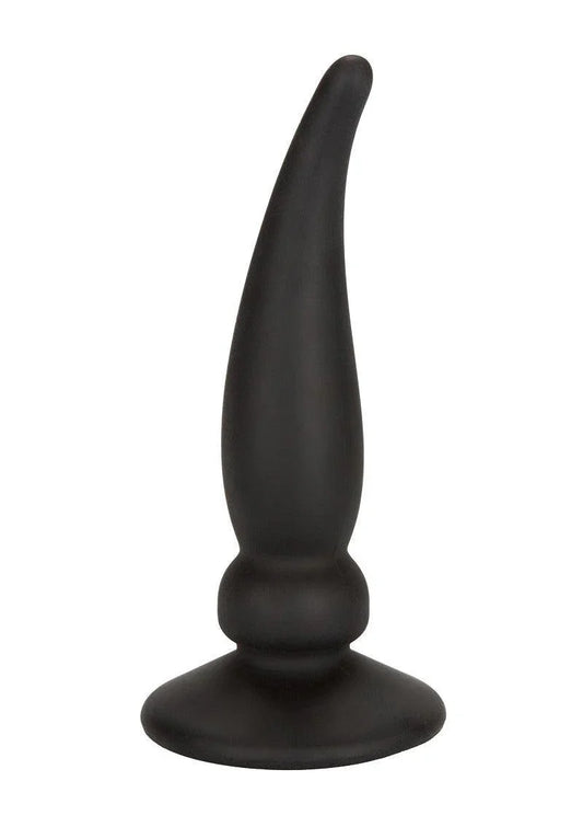 Black silicone tapered anal probe with flared base on white background