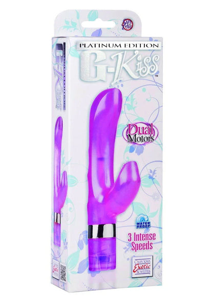 Purple G-Kiss G-spot vibrator in retail packaging, dual motors, 3 speeds, waterproof.