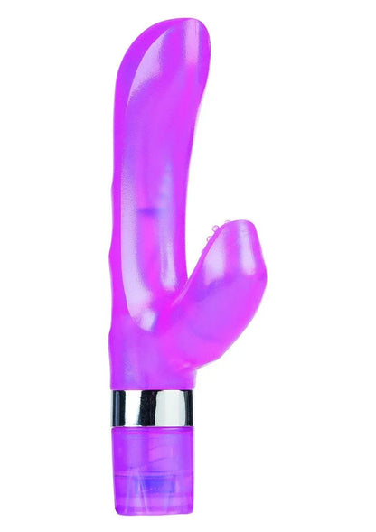 Pink silicone G-spot vibrator with rabbit design, silver base, on white background