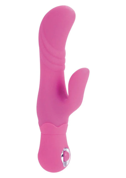 Pink silicone G-spot vibrator with dual stimulation design on white background