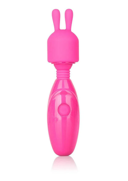 Pink handheld vibrator with bunny ears shaped silicone head and single button control on white background