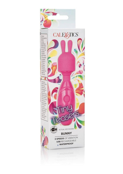 CalExotics Tiny Teasers Bunny pink vibrator with 3 speeds, USB rechargeable, waterproof in colorful packaging