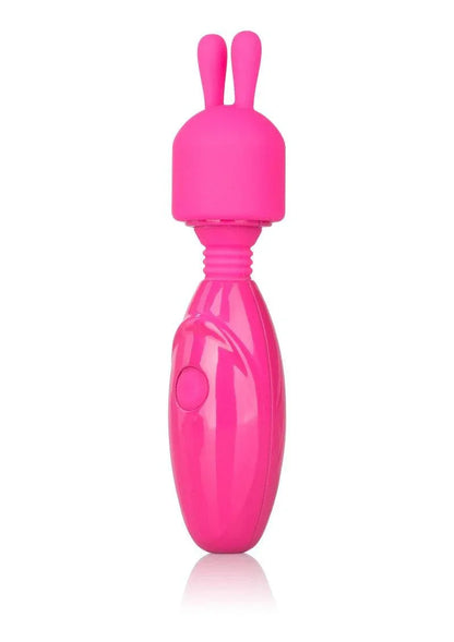 Pink handheld massager with bunny ear design and single button on glossy handle