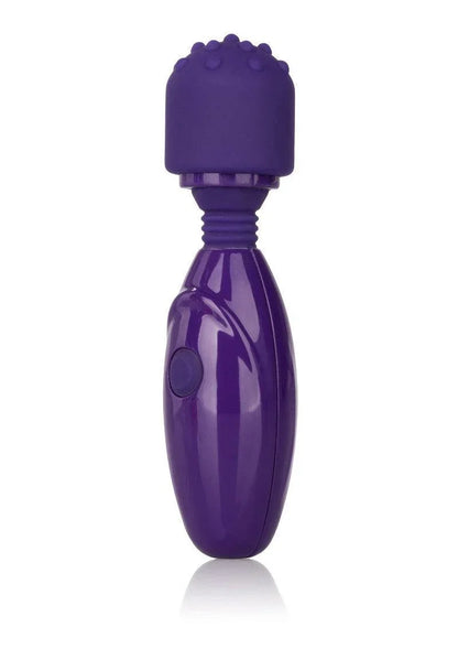 Purple handheld personal massager with textured rounded head and single button control