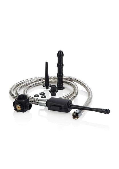 Universal water works anal douche kit with flexible metal hose and multiple black nozzles and washers