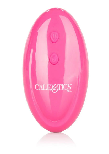 Pink oval-shaped CalExotics remote control with two buttons on white background