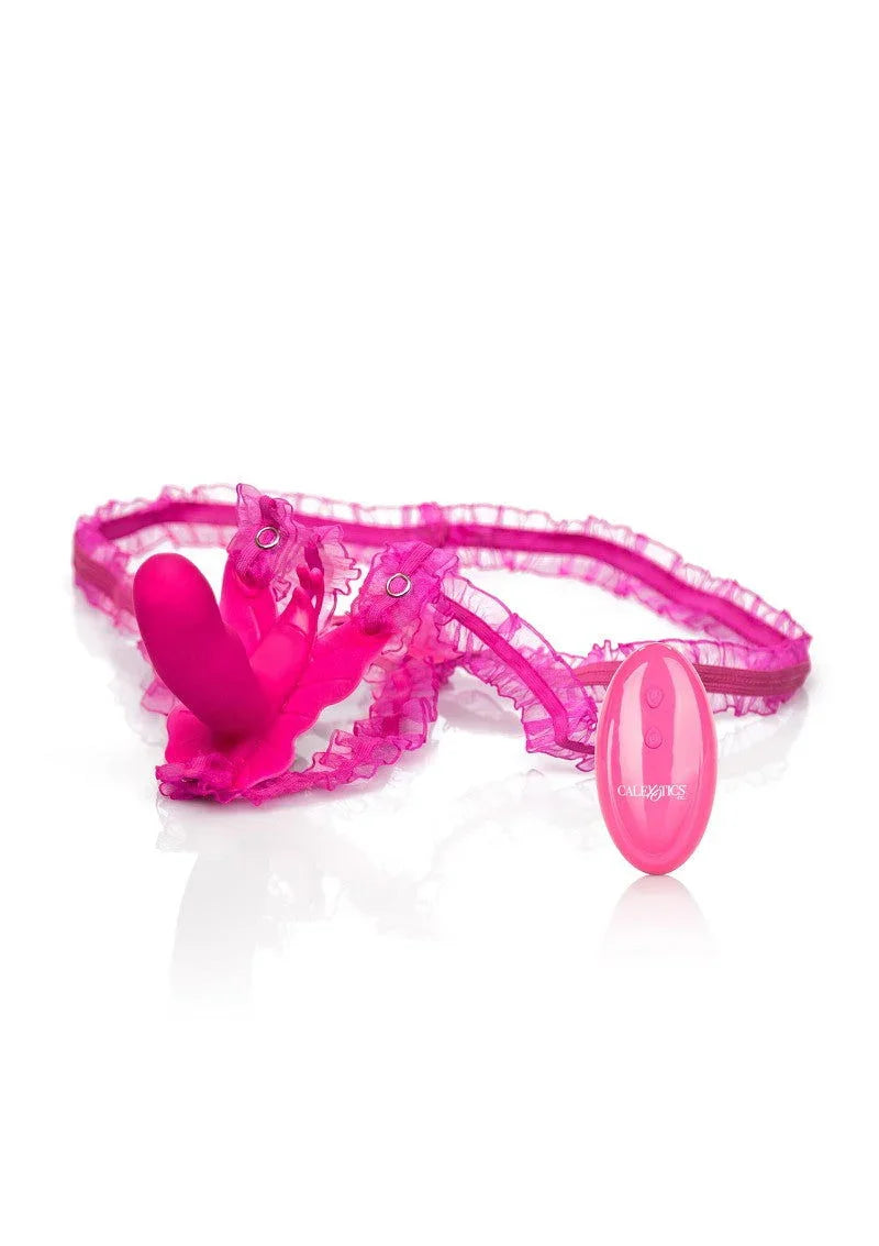 Pink lace remote-controlled wearable vibrator with silicone butterfly design on white background