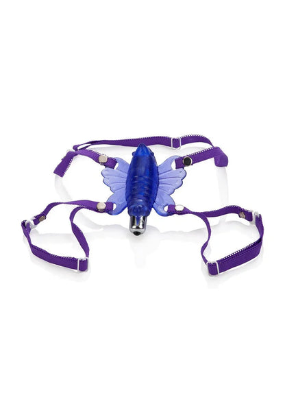 Purple adjustable strap-on harness with a blue butterfly-shaped vibrator attachment on white background