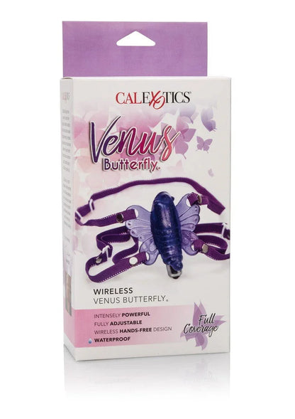 CalExotics Wireless Venus Butterfly hands-free, adjustable purple adult toy with waterproof design in packaging
