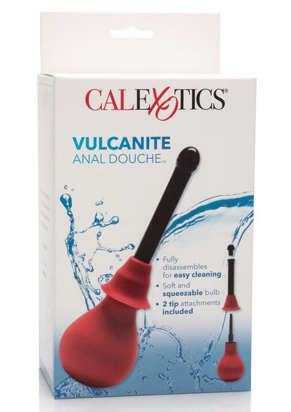 CalExotics Vulcanite Anal Douche with red squeezable bulb and black shaft, waterproof design