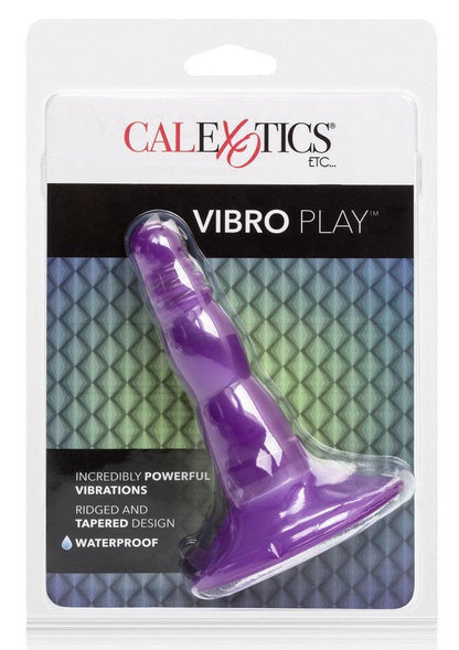 Purple CalExotics Vibro Play waterproof anal probe with ridged and tapered design in packaging