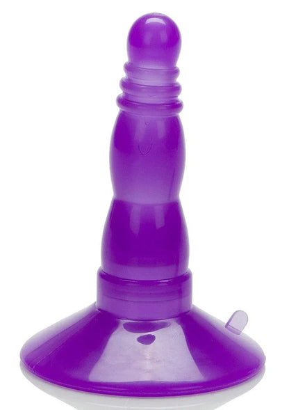 Purple waterproof anal probe with smooth, ribbed texture and flared base on white background