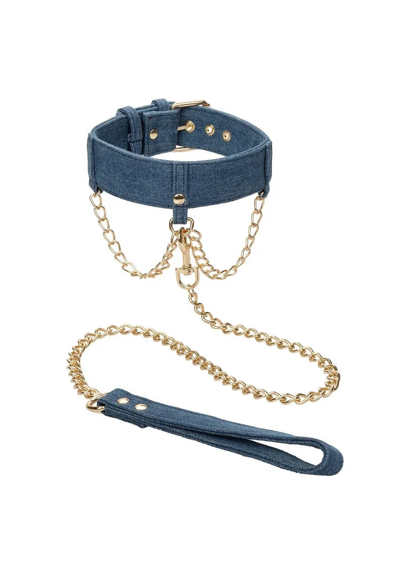 Ride 'em Premium Denim Collection Collar with Leash by CalExotics - Happytoys Sexshop: Toys for Feeling Happy & Easy 😊 - Discreet geleverd