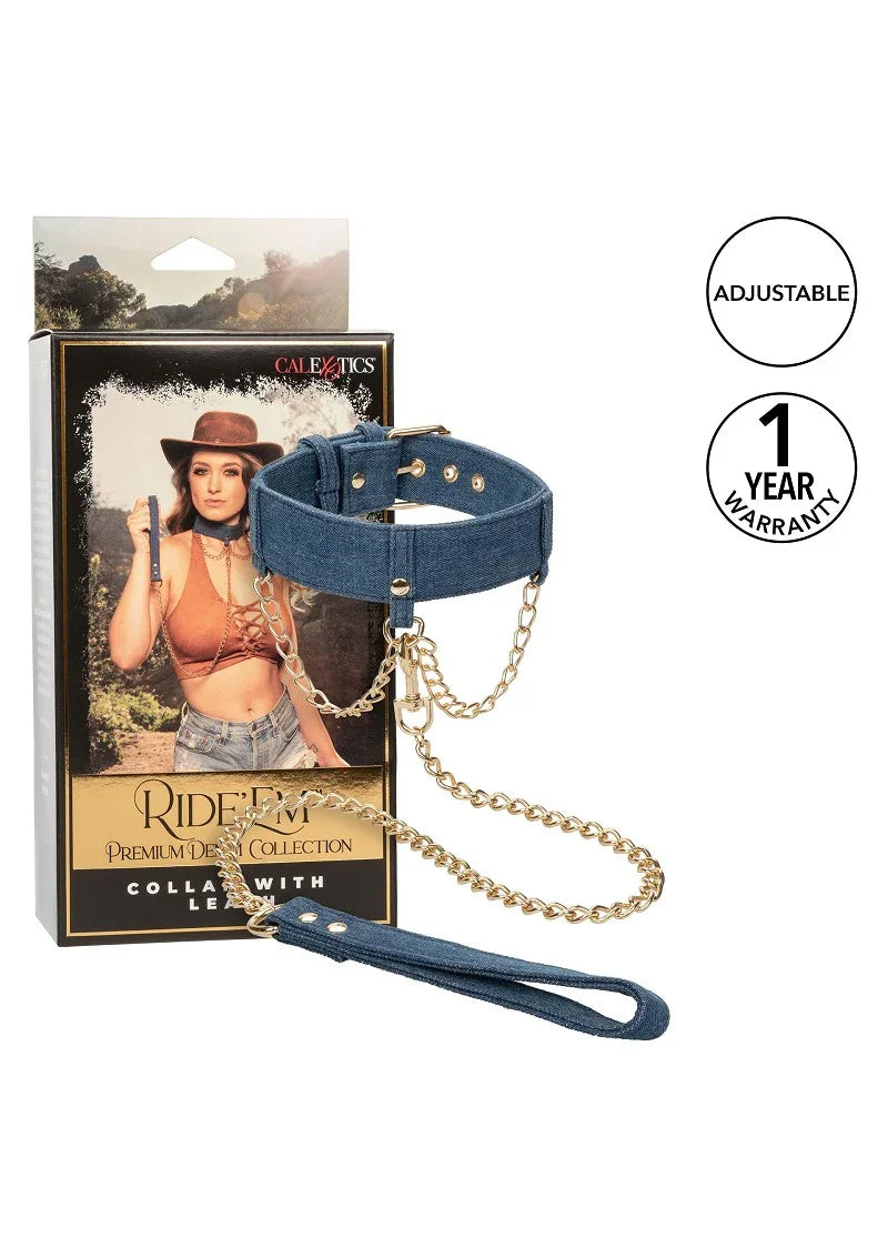 Ride 'em Premium Denim Collection Collar with Leash by CalExotics - Happytoys Sexshop: Toys for Feeling Happy & Easy 😊 - Discreet geleverd
