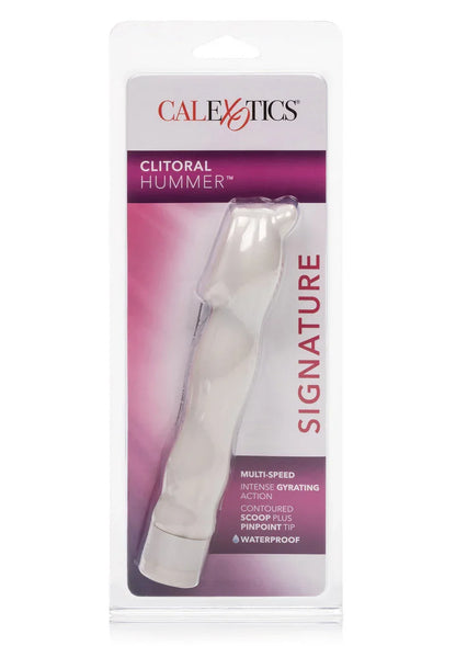 CalExotics Clitoral Hummer multi-speed waterproof vibrator in clear packaging with contoured scoop and pinpoint tip