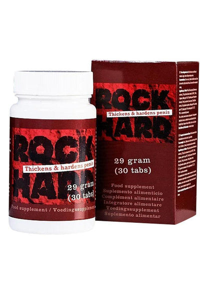 Rock Hard Pills supplementpot met witte dop en rode verpakking ernaast