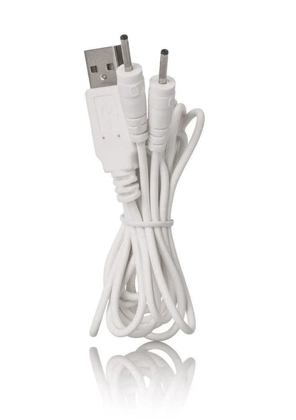 White USB cable with dual round pin connectors, coiled and secured with a twist tie