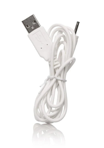 White USB charging cable with standard USB-A connector and small round plug end coiled on white background