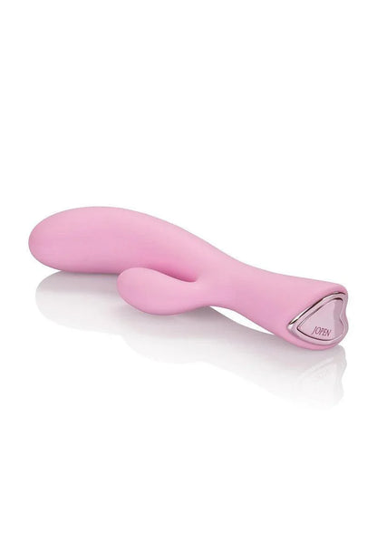 Pink silicone dual G-spot and clitoral vibrator with metallic base branded Jopen