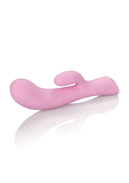 Pink silicone dual G-spot and clitoral vibrator with curved design and control buttons