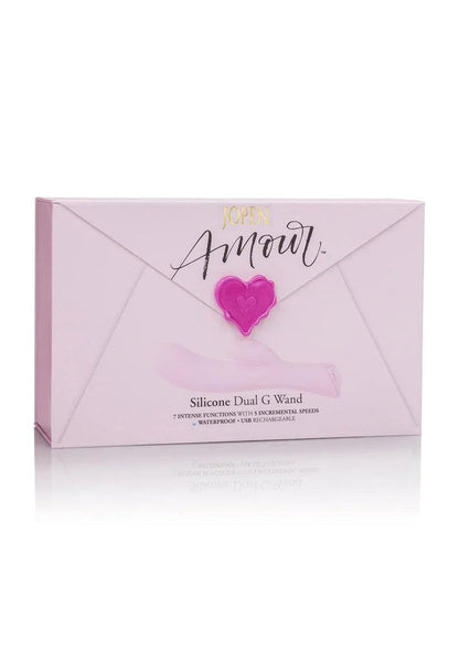 Jopen Amour Silicone Dual G Wand vibrator packaging in pink envelope design with heart seal
