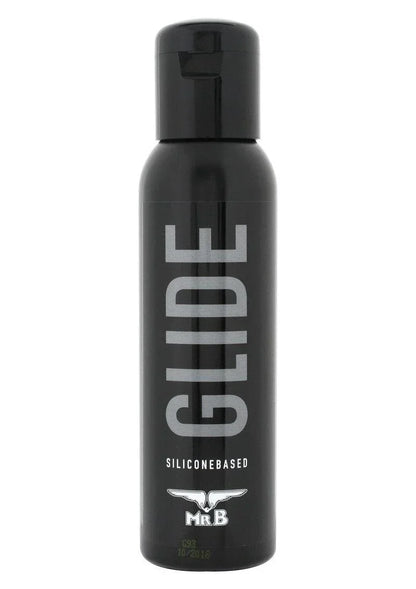 Zwarte fles glijmiddel GLIDE 250 ml met zwarte dop en label 'SILICONEBASED'
