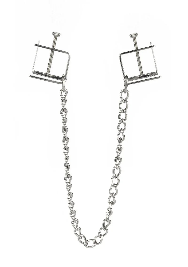 Press Nipple Clamps With Chain by Mr. Steel - Happytoys Sexshop: Toys for Feeling Happy & Easy 😊 - Discreet geleverd