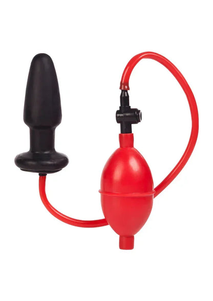 black inflatable butt plug with connected red hand pump and valve on white background