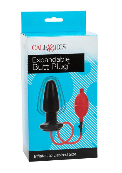 CalExotics expandable inflatable butt plug with red hand pump in blue retail packaging