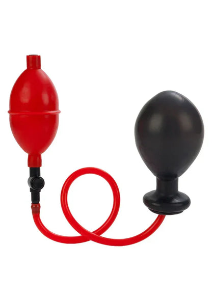 Black inflatable butt plug with red hand pump and tubing on white background