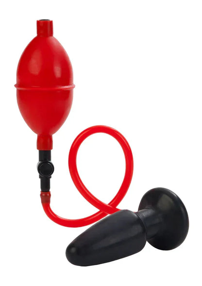 Black inflatable anal plug with red hand pump and tubing on white background