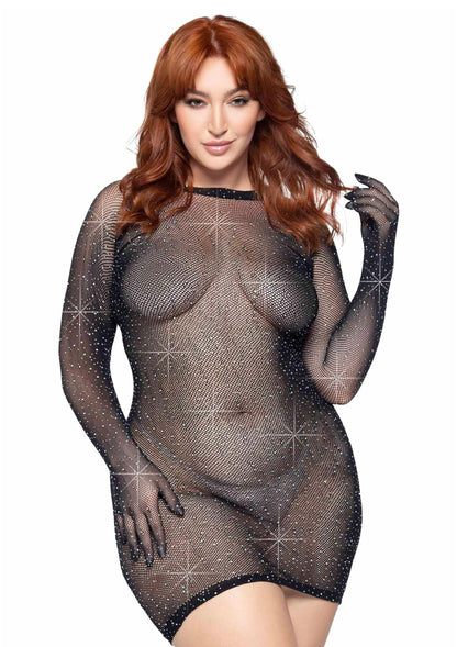 Beste vandaag nog: Plus Rhinestone Fishnet Gloved Mini Dress - bij Happytoys Sexshop: online sex shop for Feeling Happy & Easy 😊 - Default Title - 82043 - BLACK - 1X/2X