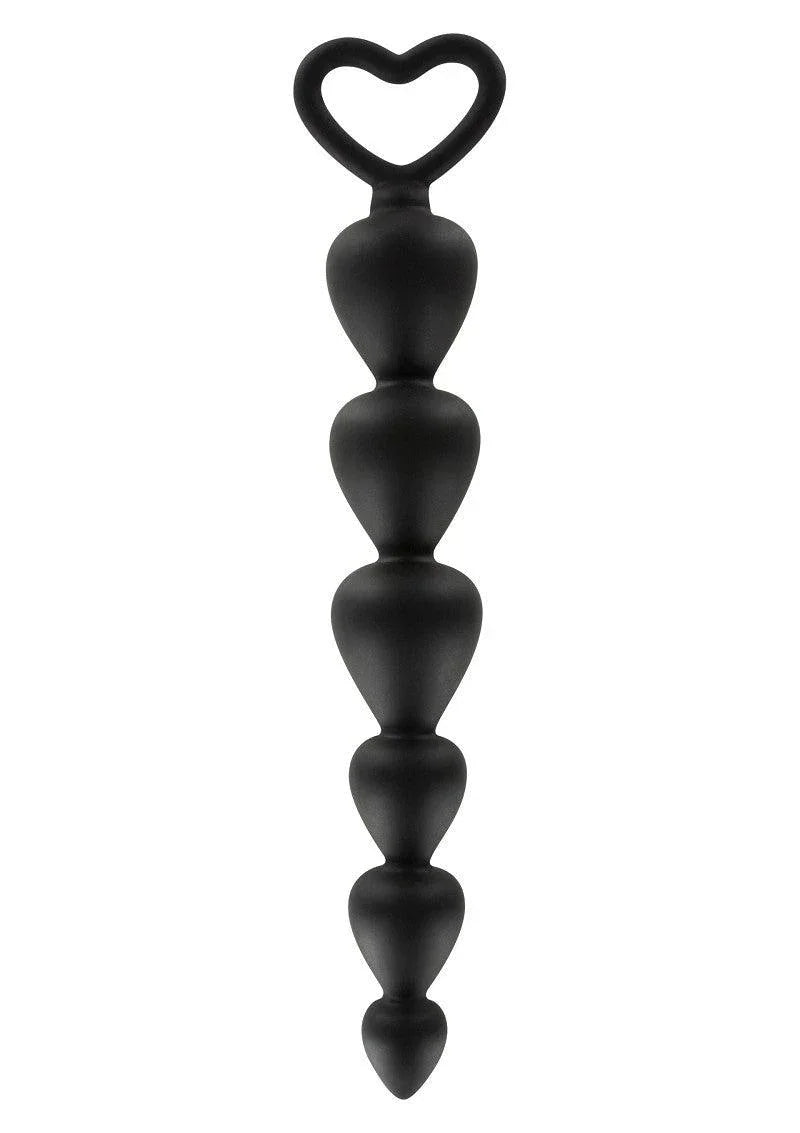 Black silicone anal beads with graduated heart-shaped segments and heart loop handle
