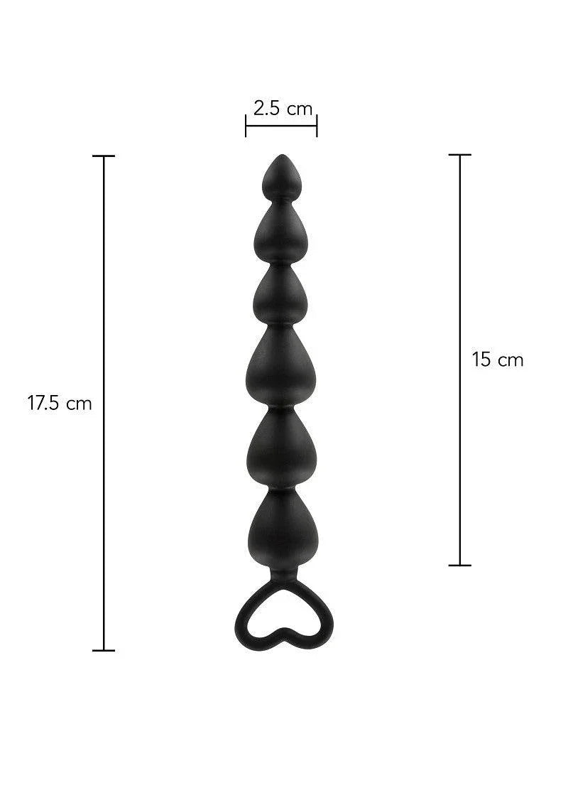 Black silicone anal beads with heart-shaped handle, 17.5 cm length, 2.5 cm width, sex toy