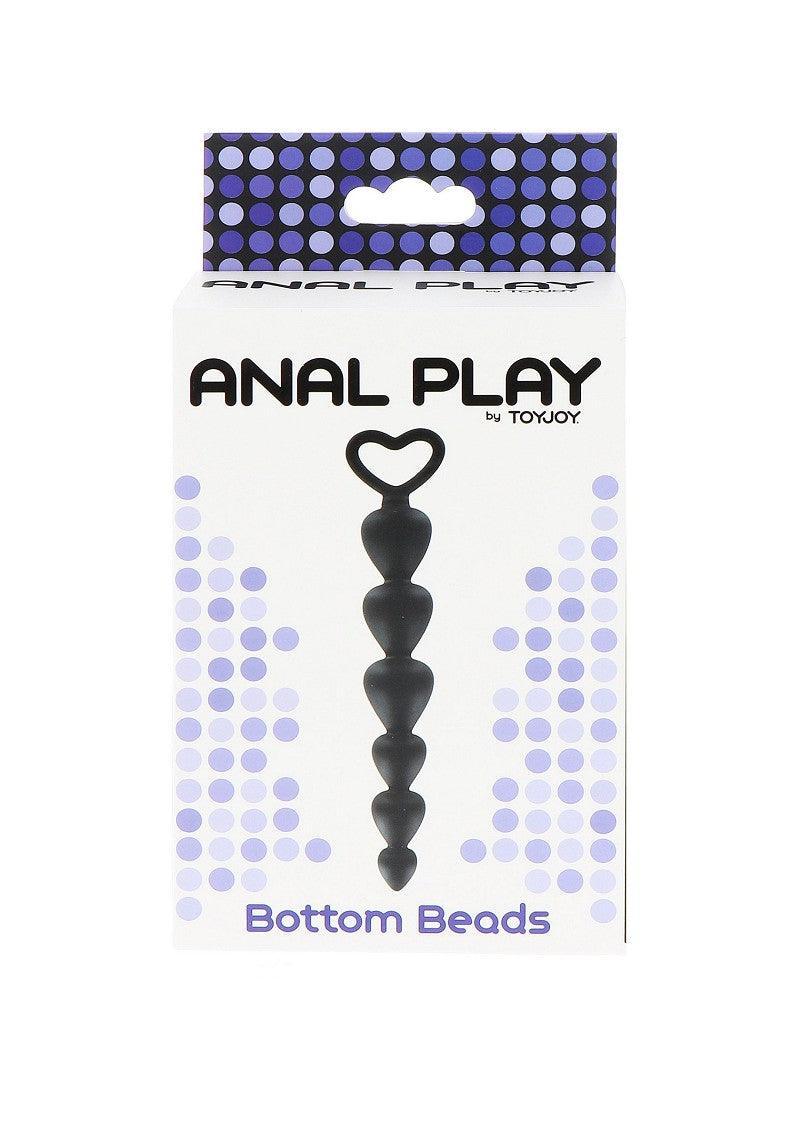 ToyJoy Anal Play Bottom Beads black silicone sex toy in white packaging with purple dot design
