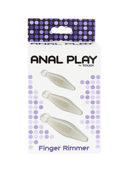 Toyjoy Anal Play Finger Rimmer 3-piece set in white and purple packaging with clear silicone rimmers