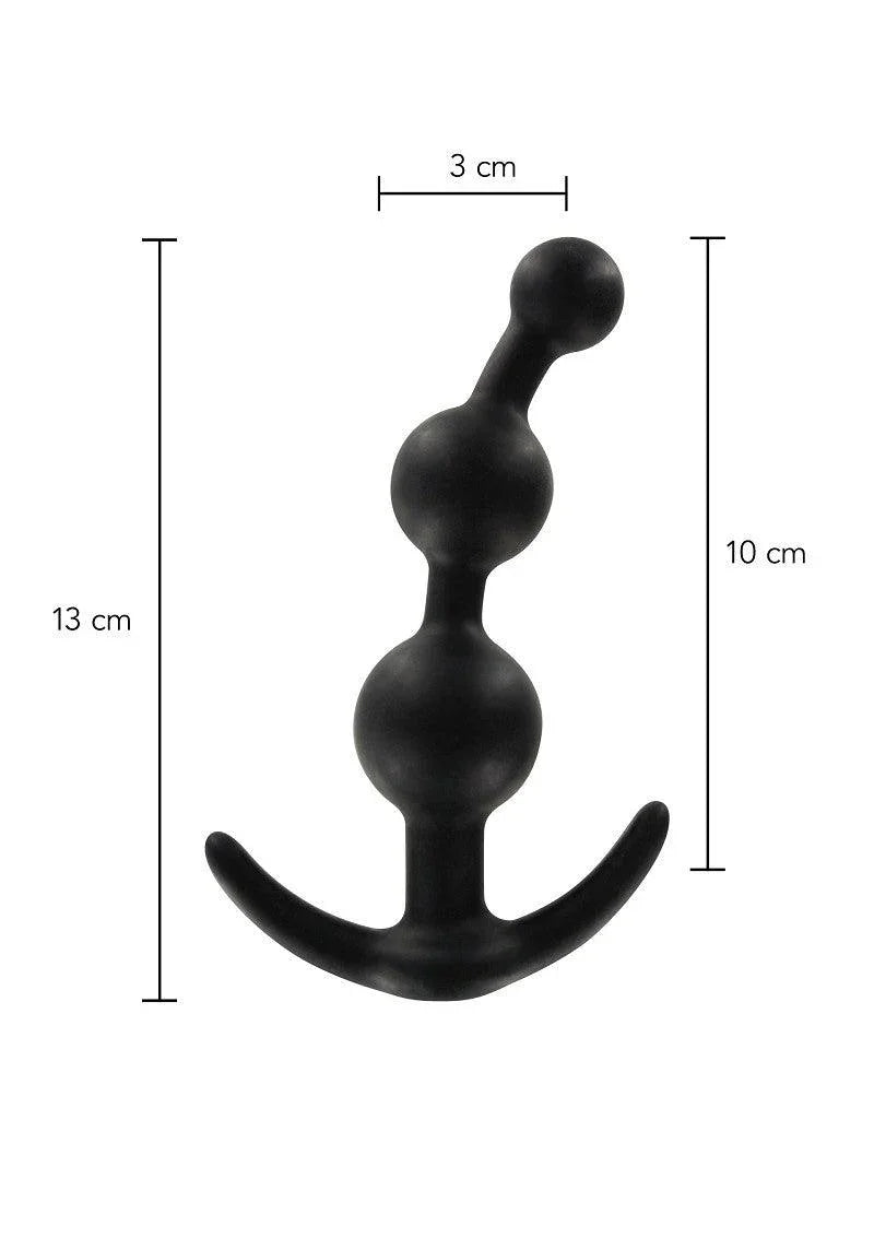 Black silicone beaded anal plug with three graduated spheres and curved base, dimensions shown
