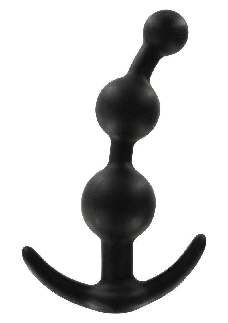 Black silicone anal plug with three graduated beads and a curved handle on white background