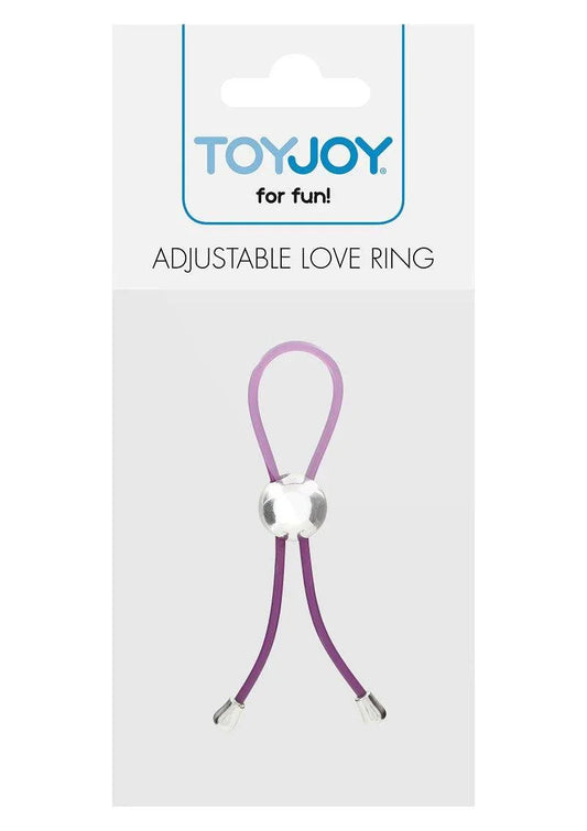 ToyJoy Adjustable Love Ring in purple with silver clasp, packaged on white card for adult fun