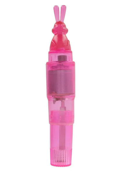 pink translucent rabbit-shaped personal vibrator with visible motor inside on white background