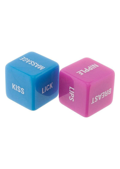 Blue and pink lovers dice with words like kiss, lick, massage, nipple, breast, and lips for adult games