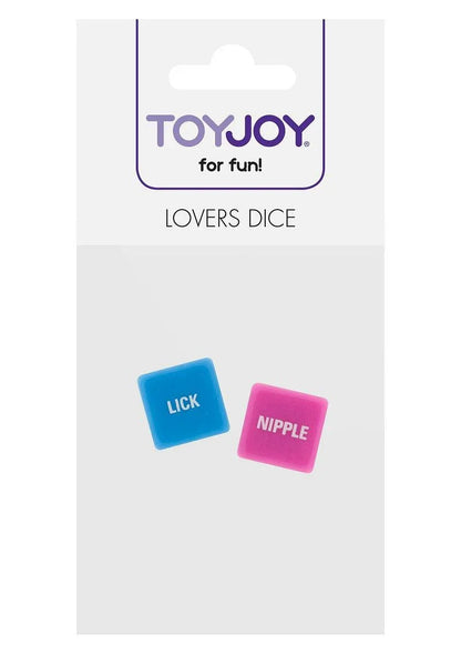 ToyJoy Lovers Dice packaging with blue dice labeled LICK and pink dice labeled NIPPLE for adult fun