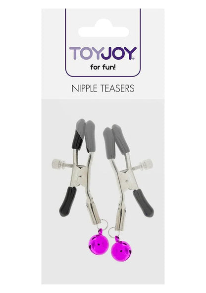ToyJoy tepelklemmen met zilveren klemmen, zwarte hendels en paarse balletjes