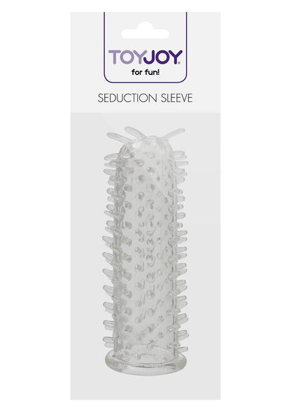 Transparent ToyJoy Seduction Sleeve with textured nubs and spikes in packaging for adult fun