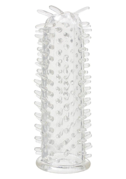 Transparent textured silicone sleeve with raised nubs and spikes, adult novelty accessory