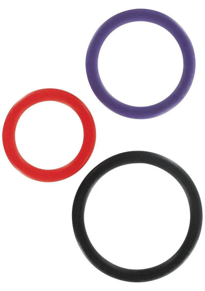 Three multicolor flexible rings in purple, red, and black on a white background