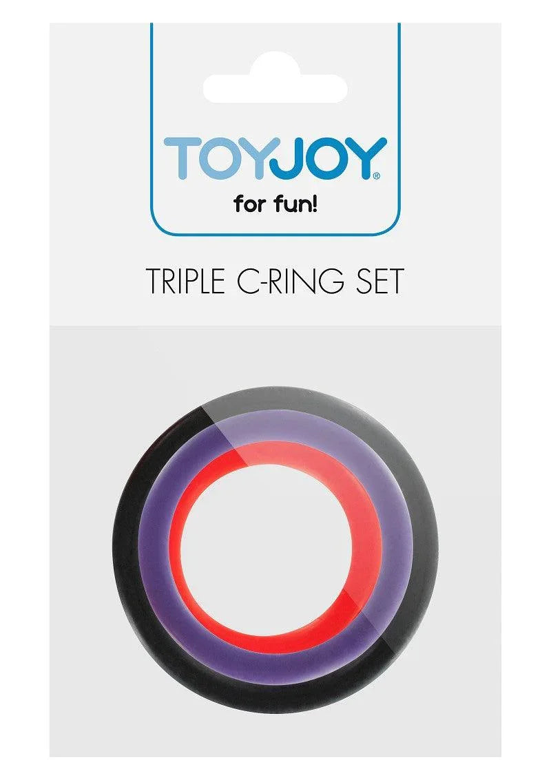 ToyJoy triple C-ring set with three multicolor silicone rings in black, purple, and red on white packaging