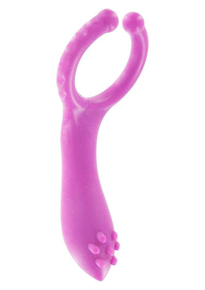 Purple silicone vibrating clitoral stimulator with textured tips and flexible ring design